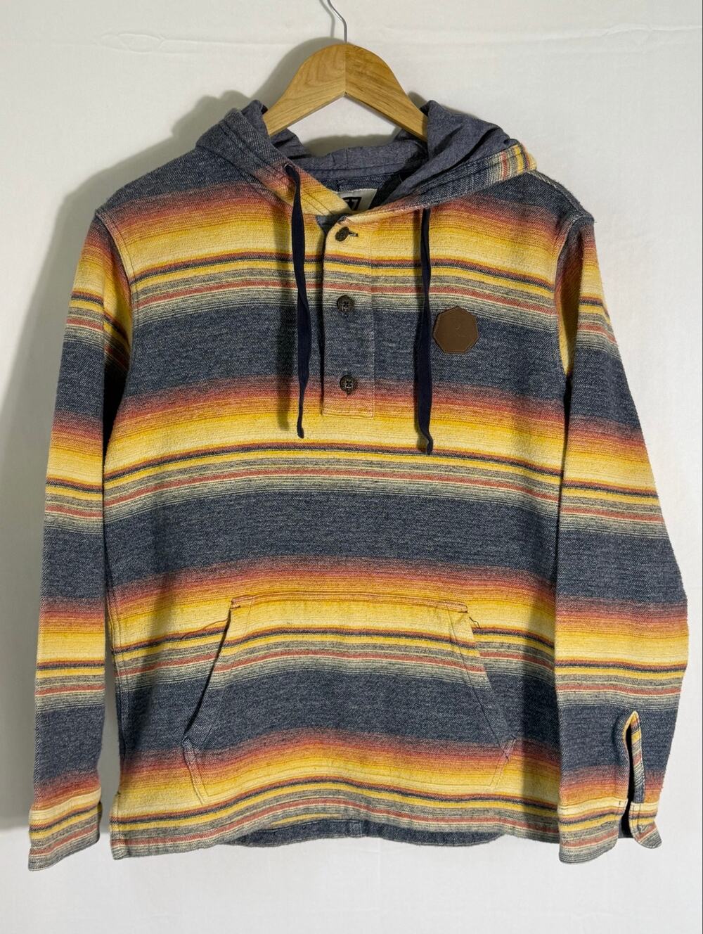 Vissla Baja Stripe Hooded Henley Pullover Hoodie Men’s Medium 100% Cotton